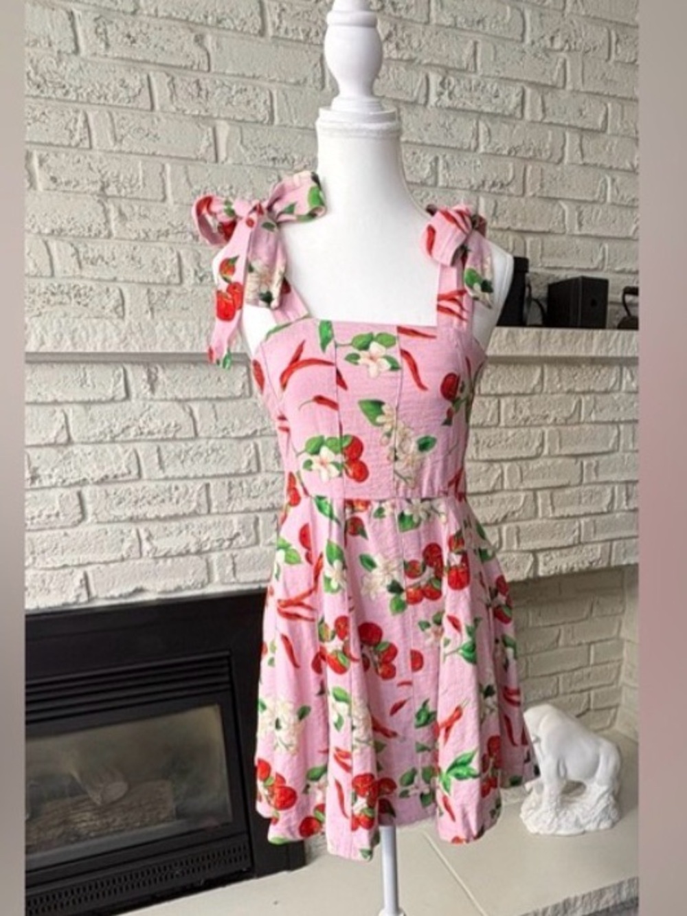 Zara Pink Cherry Chili Pepper Corset Tie Strap Mini Sundress Small